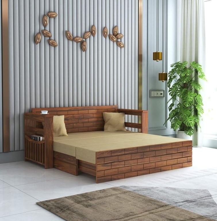 Image of Solid Sheesham Wood Sofa Cum Bed 3 Seater | Wooden Foldable Double Bed for Living Room with Headboard & Storage | Bed Cum Sofa with Mattress for Bedroom Furniture (Honey Finish)