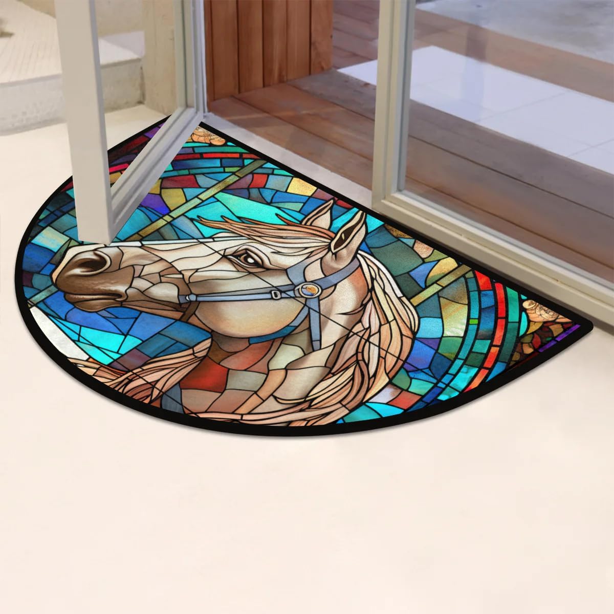 Half Round Door Mat Indoor, Azulejo Horse Animal Non-Slip Semi Circle Entrance Welcome Mat for Inside Bathroom,Area Floor Rugs House Entry Way Heavy Duty Doormats for Bedroom Living Room
