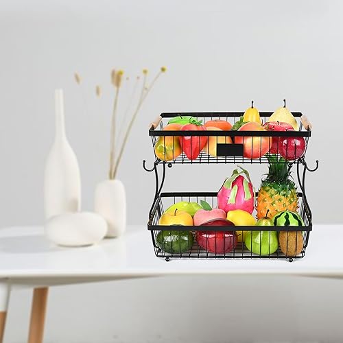 Miniatura 7 de Cesta de frutas de 2 niveles desmontable con 2 ganchos para plátanos, soporte de frutas para encimera de cocina, organizador de almacenamiento de