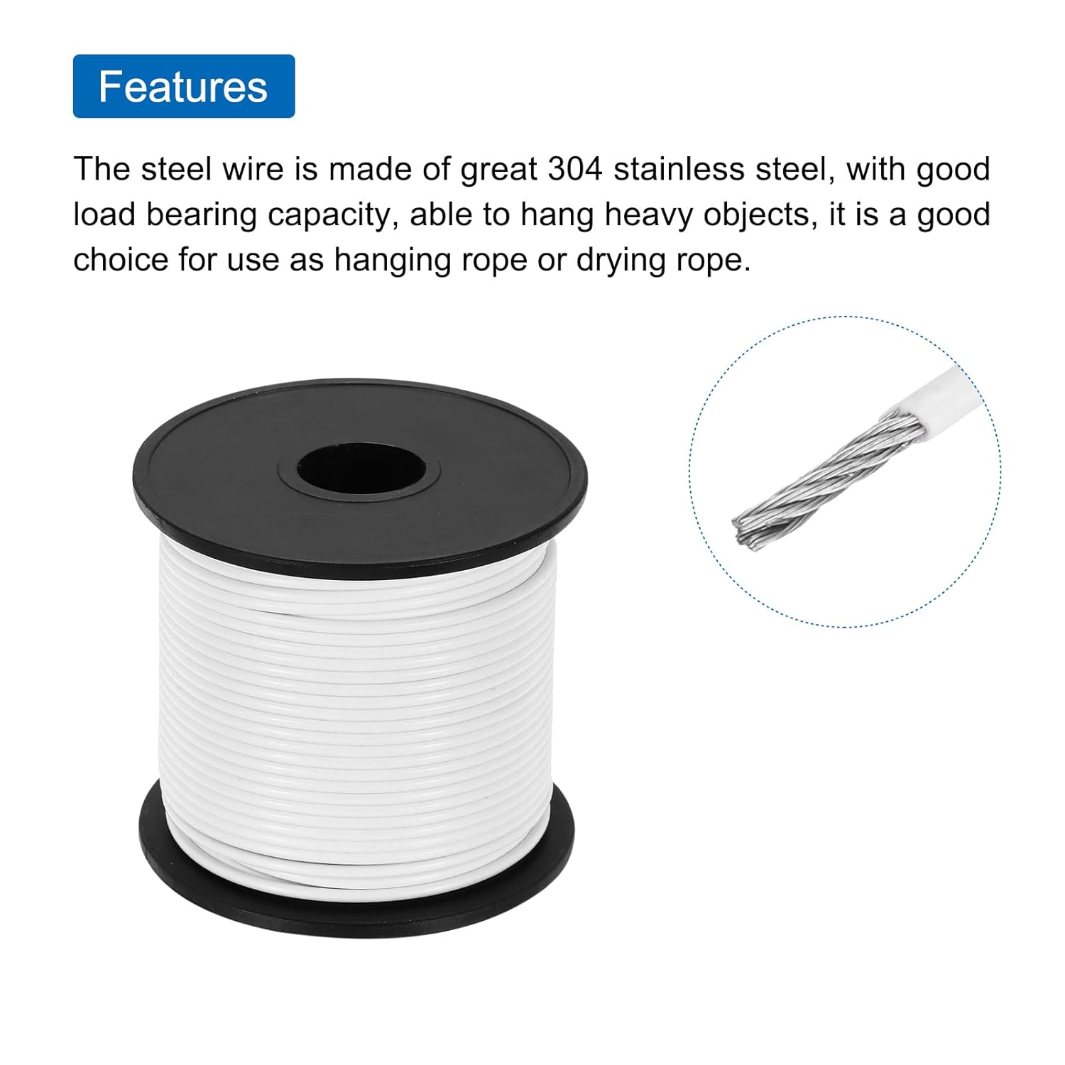 MECCANIXITY 131Ft(40M) Wire Rope 304 Stainless Steel Cable 1/12"(2mm) Vinyl Coated with 6pcs Aluminum Sleeves for Hanging, Clotheslines, Lifting White