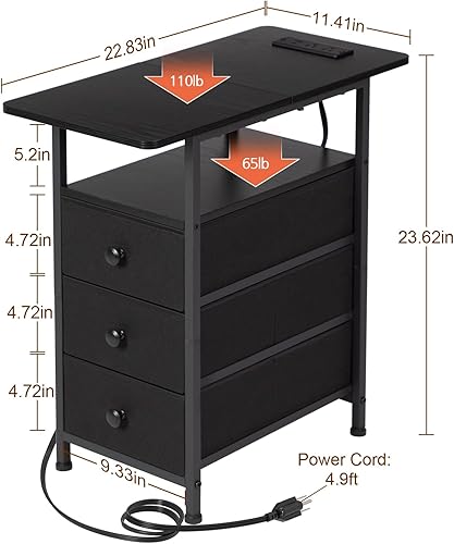 Miniatura 2 de AMHANCIBLE Mesa auxiliar estrecha con estación de carga, cesta de lavandería con estante