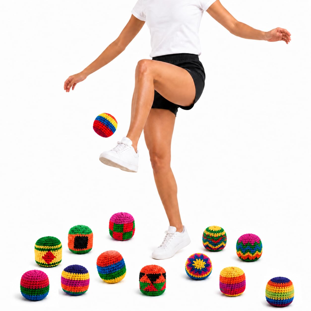 Generisch 6/12/24 Stück gestricktes Footbag-Set, Footbags in Häkeloptik, Bunte Jonglierbälle und Kickbeutel, weiches Wurfbeutel-Set für Outdoor-Aktivitäten und Partys
