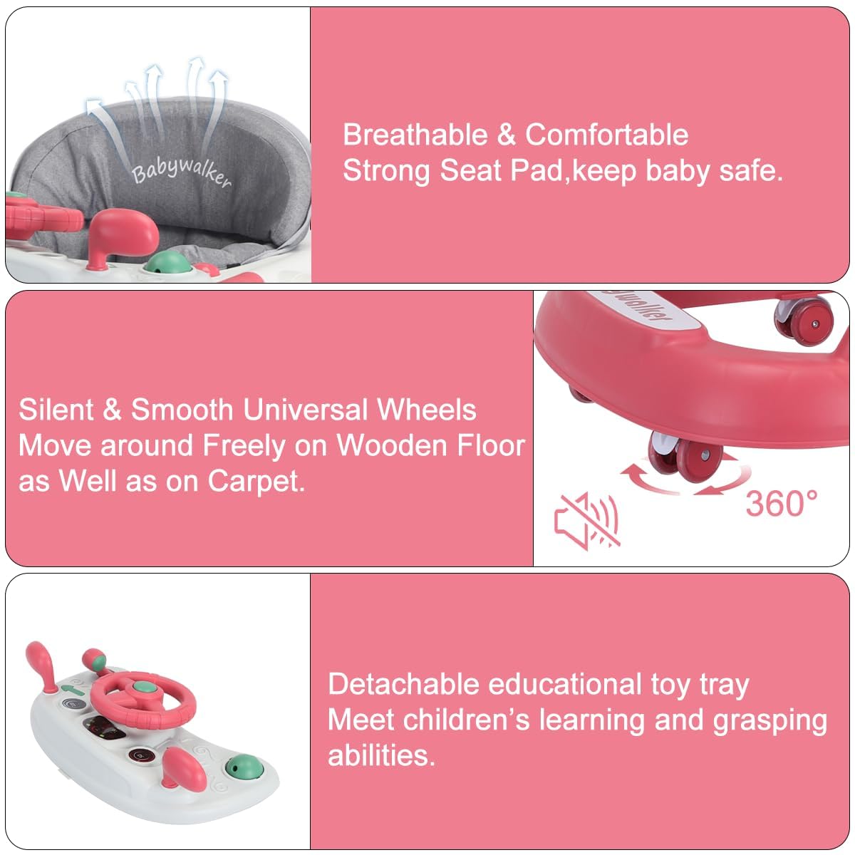 UBRAVOO Andador 2 en 1 para niños pequeños con bandeja extraíble y bandeja de música (sin batería), carrito plegable para niños de 6 a 18 meses (rojo)