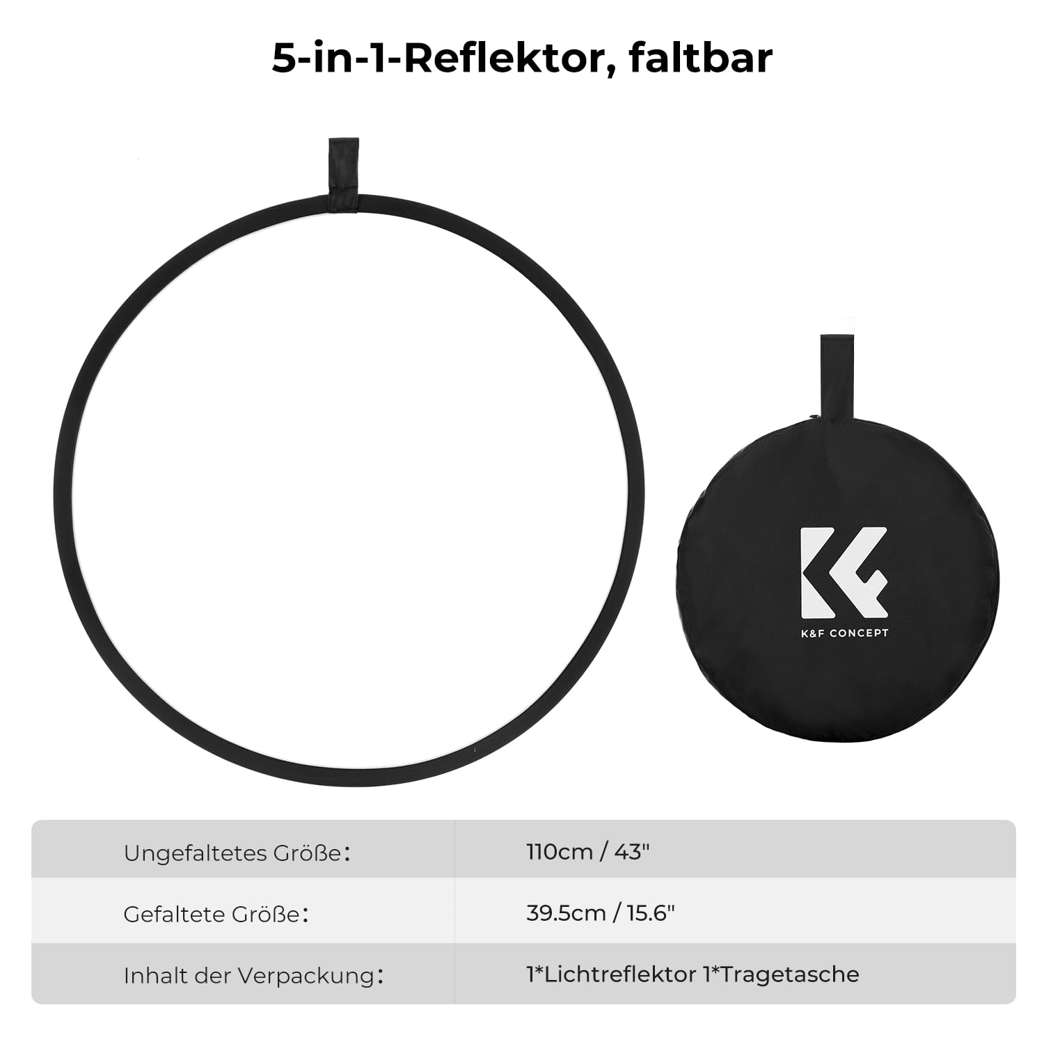 K&F CONCEPT 5-in-1 Faltbar Reflektor Fotografie Kit mit Tasche (110 cm) | Durchscheinend, Silber, Gold, Weiß und Schwarz Runde Reflektoren für Fotografie,Außenbeleuchtung
