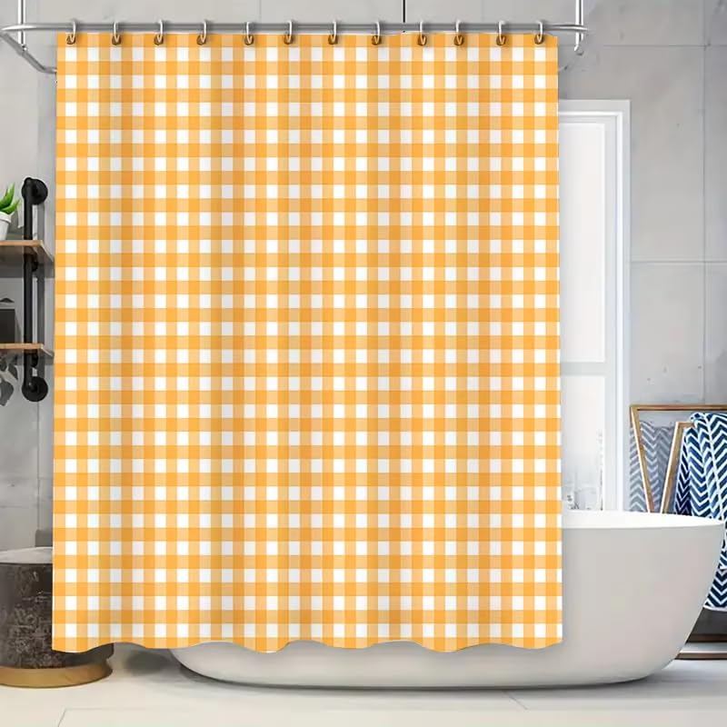 Duschvorhang mit gelbem und weißem Gingham-Muster für Badezimmer – wasserdichtes und langlebiges Badezimmervorhang-Set mit Haken180x250cm/71x98in(Breite x Höhe)