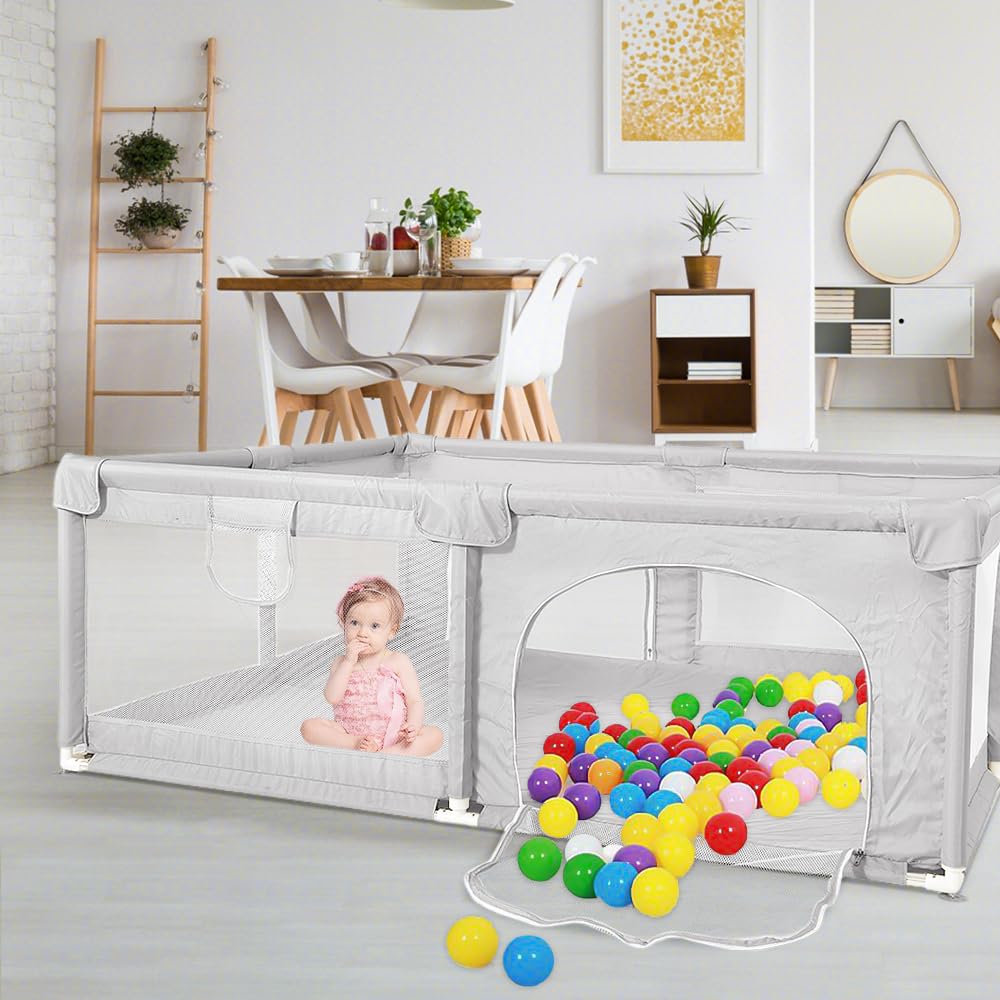 Homewell Parque para bebé, Parque de bebé seguro 150 x 200 cm, zona de juego con 2 accesos laterales con cremallera y alfombras, barrera para bebés de juegos, bolsa de transporte, color gris