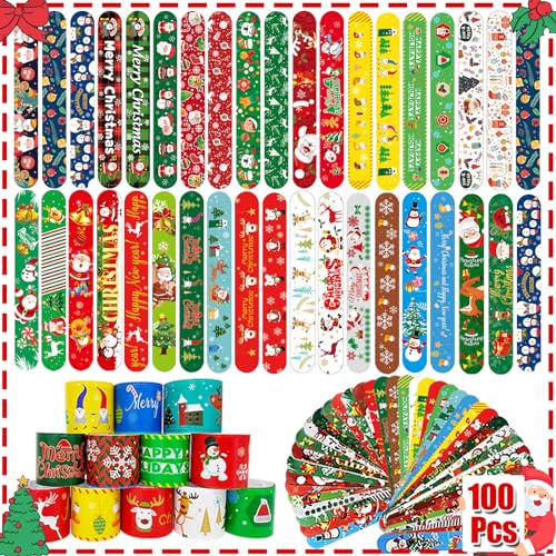 SUNPROUND 100Pcs Christmas Slap Bracelets Bulk Christmas Toys Party Favors Fidget Toys Xmas Snap Wristbands for Kids Xmas Gifts Goodies Stocking Stuffers Classroom Prizes for Boys Girls
