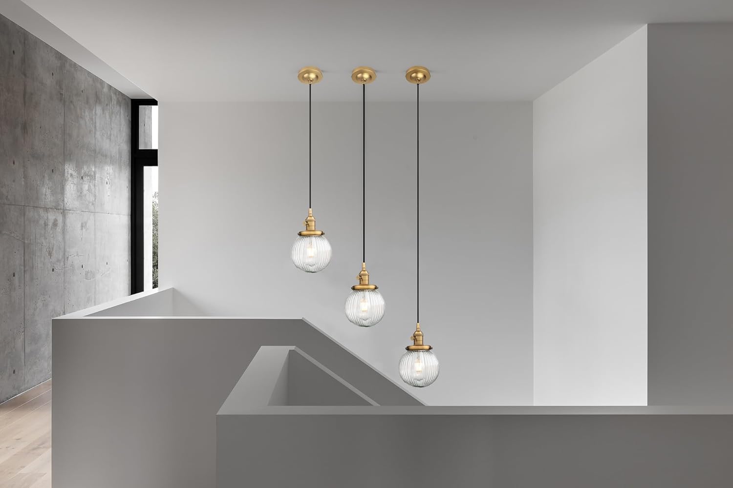 PERMO Vintage Industrial Pendant Light Gold Finish with Ribbed Clear Glass Shade, Adjustable Height Hardwired CeilingLight for Kitchen Island, Bedroom