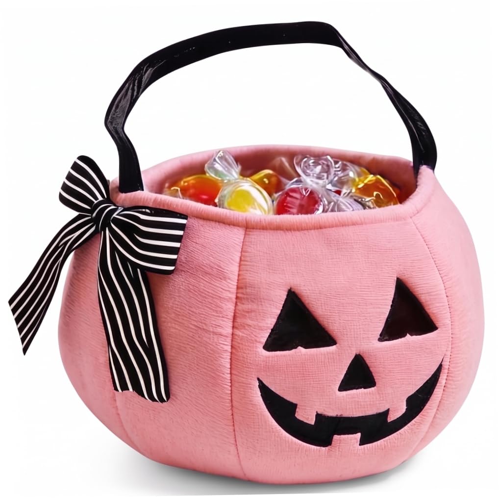 Halloween Basket, Trick Or Treat Bucket - Festive Pumpkin Design With Embroidery & Stripe Bow For Kids Style 1