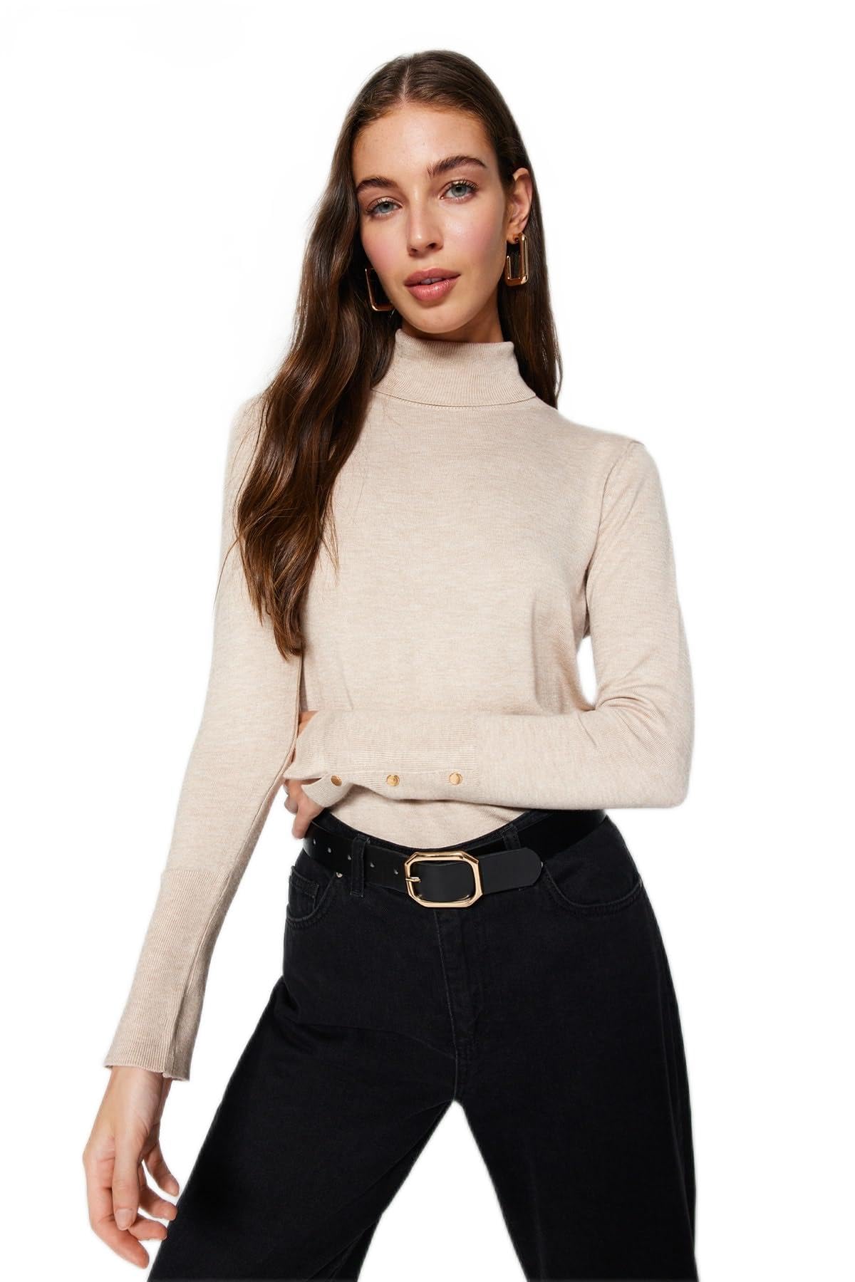 Trendyol Collection Damen Beige Steinmerzerisierter Premium-Garn/Spezialgarn Basic-Strickpullover Für - Mittel