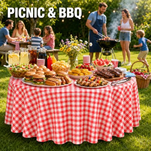Image of WNINK 4 Pack Red Gingham Round Tablecloth, 84 Inch Disposable Plastic Table Covers, Red Checkered Round Table Cover for Birthday Parties, Holiday, Picnic, BBQ, Family Gathering Party Supplies