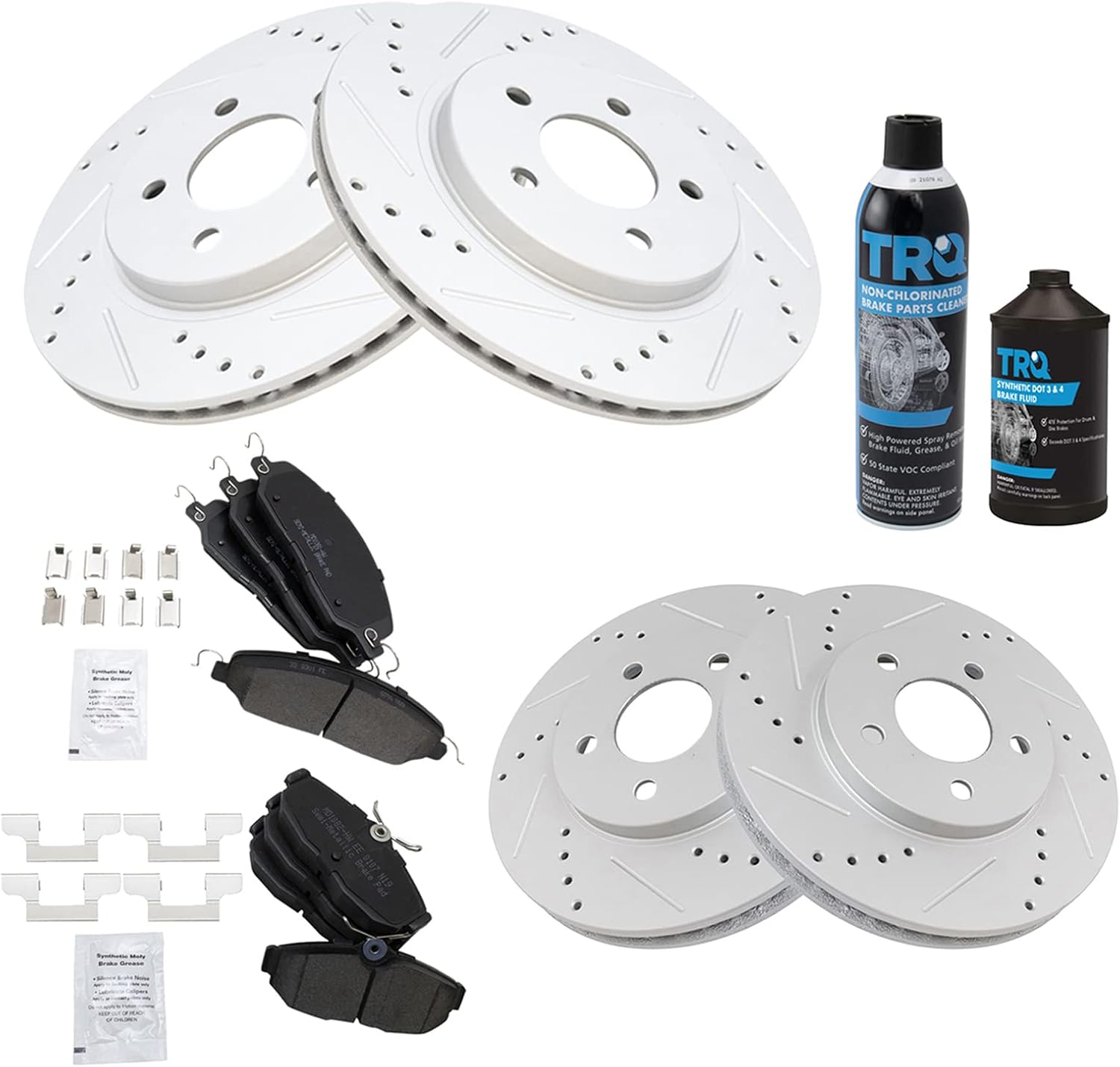 TRQ Front and Rear Performance Brake Pad & Rotor Kit Brake Chemical Kit Brake Pads Brake Rotors Set Semi-Metallic Premium G-Coated Compatible with 2005-2010 Ford Mustang
