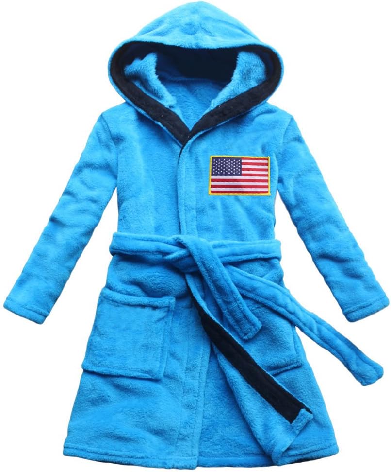 American flag embroidered boy bathrobe child home gown pajamas coral velvet blue free embroidered name on robes