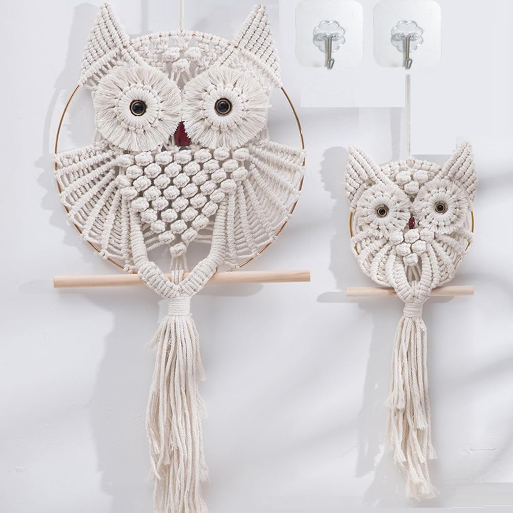 2 Piezas de Macramé de Búho Para Colgar en la Pared Tejida a Mano Adorno Bohemio Colgador de Arte de Pared Decoración del Hogar Oficina Sala de Estar Dormitorio Guardería Decoraciones Artesanales