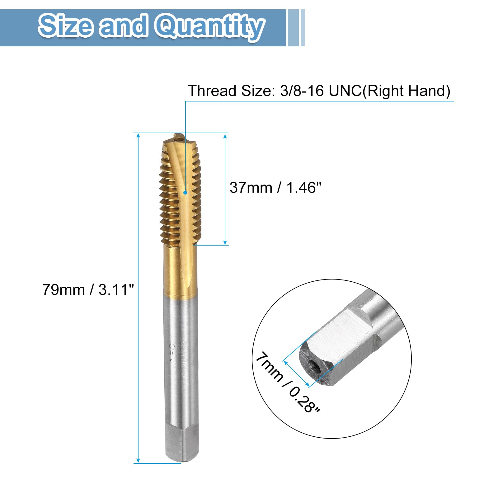 uxcell Spiral Point Plug Threading Tap 3/8-16 UNC Thread, Ground Threads H2 3 Flutes, High Speed Steel HSS 6542, Titanium Coated, Round Shank with Square End