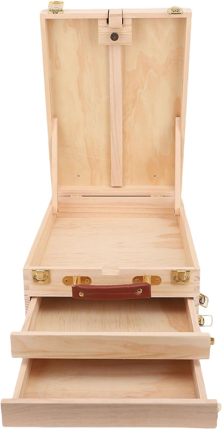POCREATION Sketch Box Easel, Adjustable Tabletop Easel with 2 Sliding Drawers for Painting and Sketching, Portable Pine Wood Art Supply Storage Box for Artists
