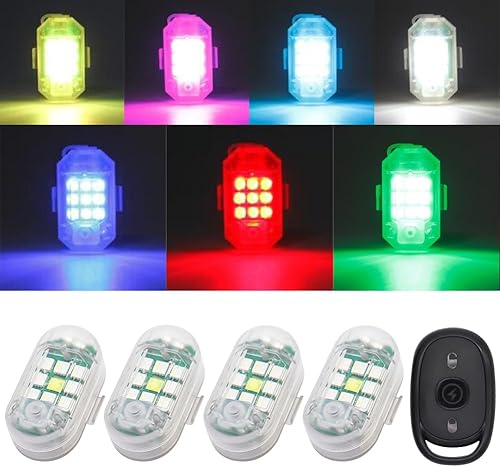 4 luces LED estroboscópicas anticolisión con control remoto, 7 colores USB recargables intermitentes inalámbricas LED estroboscópicas para coche,
