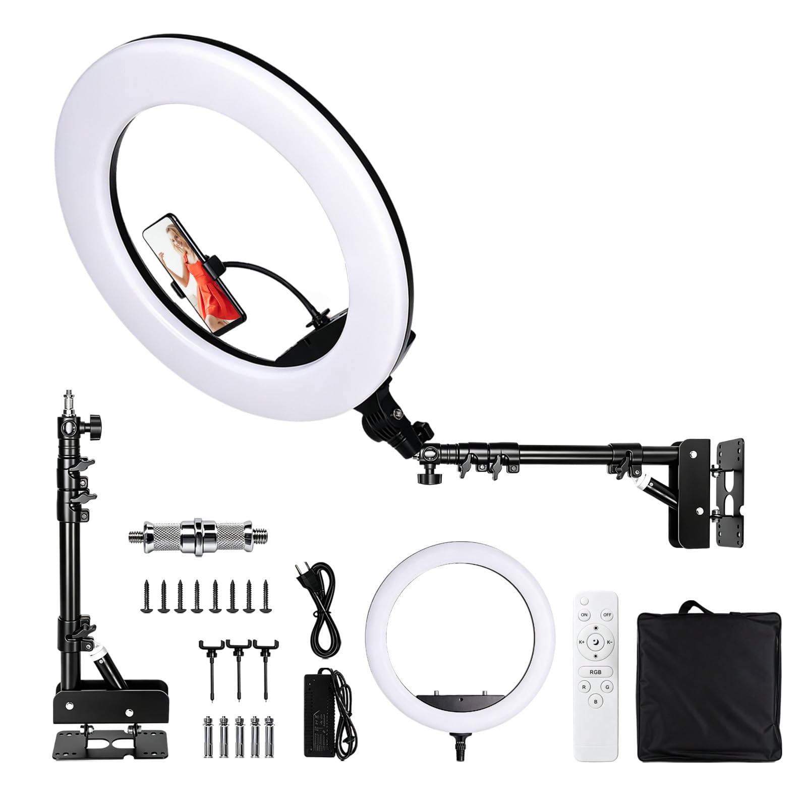 Juego de luz de anillo de 22 pulgadas con soporte de pared, brazo ajustable, incluye mando a distancia, soporte para teléfono móvil, bolsa de transporte, soporte estable de pared y techo para estudio