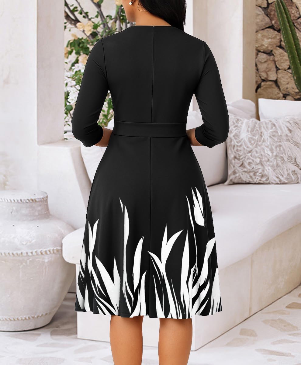 LaiyiVic Midi Dresses for Women 3/4 Sleeve Crew Neck Church Knee Length A Line Swing Summer Dress - Image 4