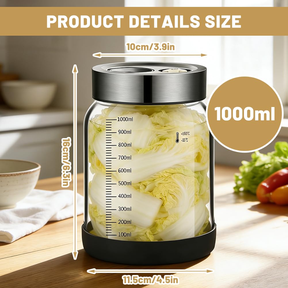 Bicchiere da fermentazione da 1 l, kimchi con coperchio, barattolo da fermentazione con valvola di fermentazione, vetro per fermentazione per crauti, kimchi, contenitore, avviatore di lievito