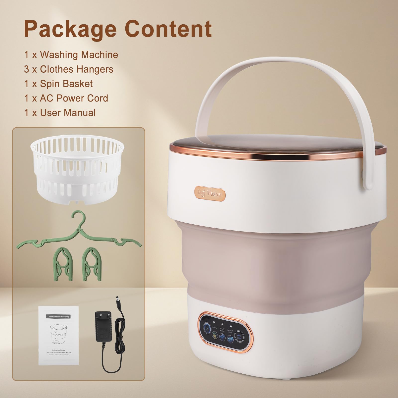 Mini Waschmaschine, 11L Faltbar Waschmaschine mit Schleuderfunktion, Tragbare Reisewaschmaschine, Camping Mobile Waschmaschine für Reisen, Studenten, Wohnmobil (15L-Khaki) - 2