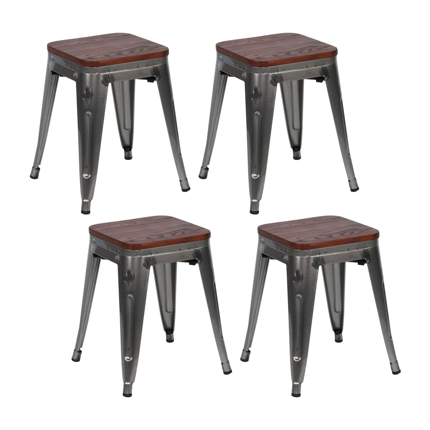 THINIA HOME Pack 4 Taburetes Bajos Industriales Apilables de Acero y Madera 38x38x46cm