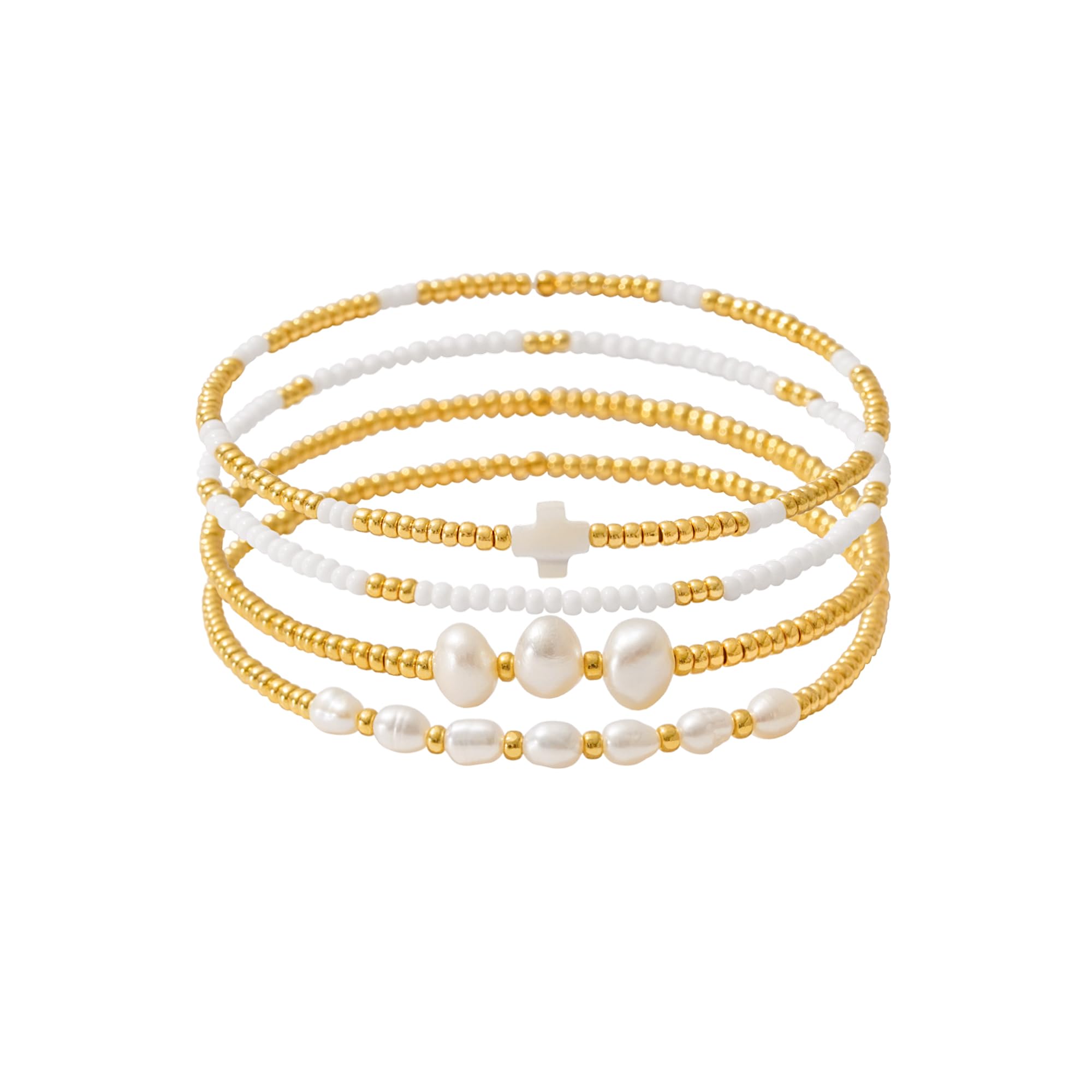 Pymach Dainty Gold Plated Pearl Crystal Beaded Bracelets Set for Women 14K Gold Plated Bead Pearl Beads Bracelet Stackable Paperclip Link Chain