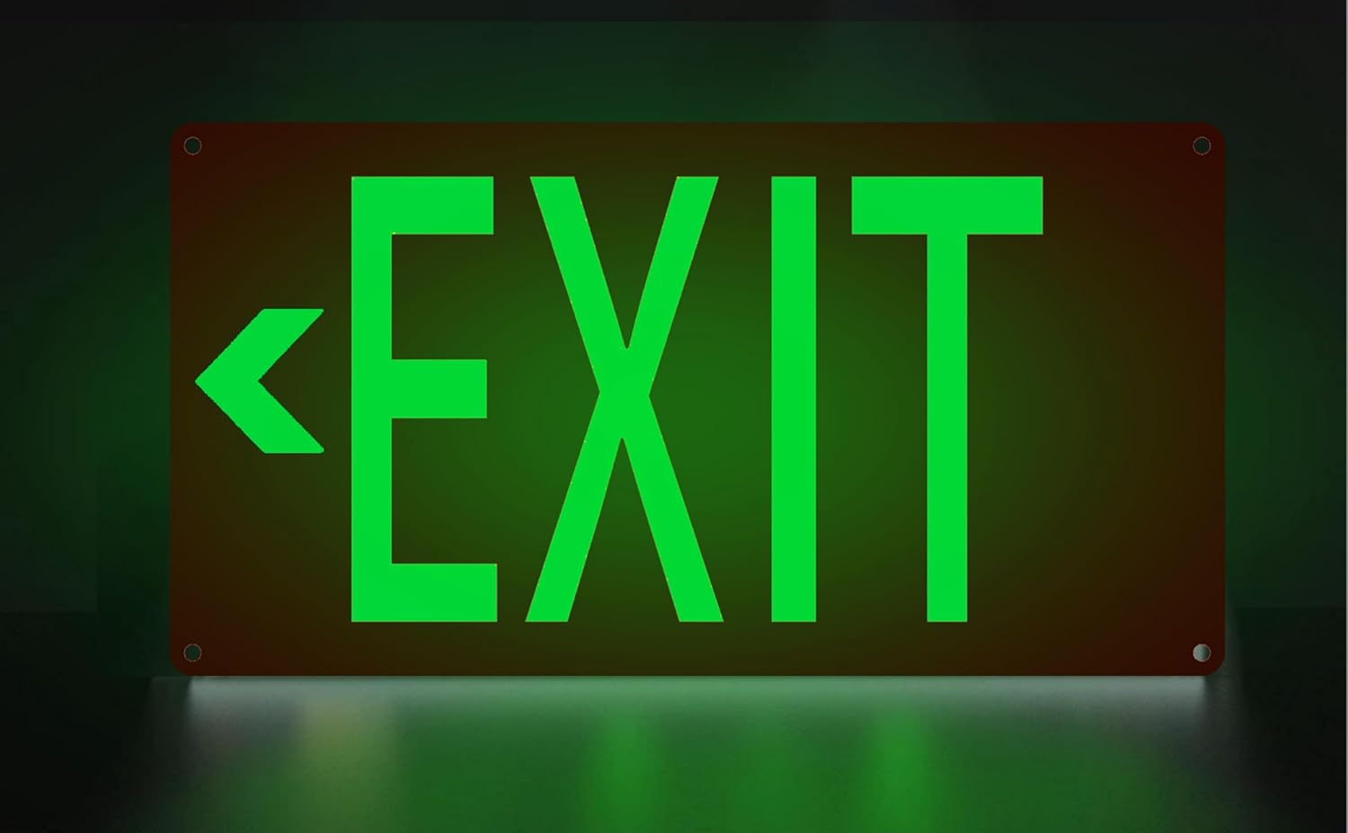 (4 Pack) Photoluminescent Exit Sign Aluminum - Adhesive Backing - Glow In The Dark Exit Sign - Removable Arrows Included - 14.25x7.5 Inches - Non Electrical Red Exit Light For 50 Feet Visibility