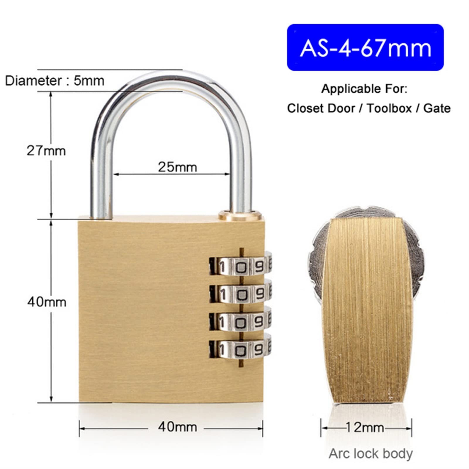 Candado con contraseña de combinación Digital, candado antitaladro de latón macizo de alta seguridad, candado con código for equipaje de viaje, cerraduras for maletas, 1 Uds. (Size : AS-4-67MM)