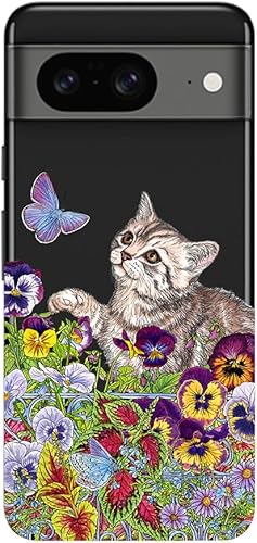 Miniatura 2 de Blingy's Funda compatible con Google Pixel 8, para mujeres y niñas, lindo estilo de gato con patrón de flores de jardín, divertido diseño floral,