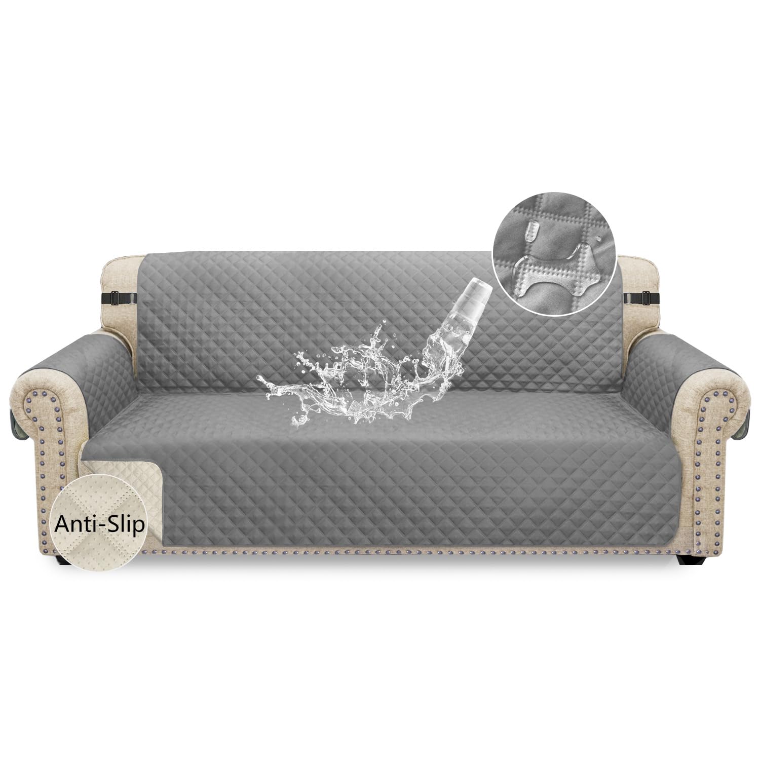 Granbest Waterproof Sofa Cover 3 Seater Non-Slip Sofa Slipcover with Elastic Straps, Washable Sofa Protector for Kids, Pets, Dogs, Cats Four Seasons Universal (3 Seater, Light Grey)