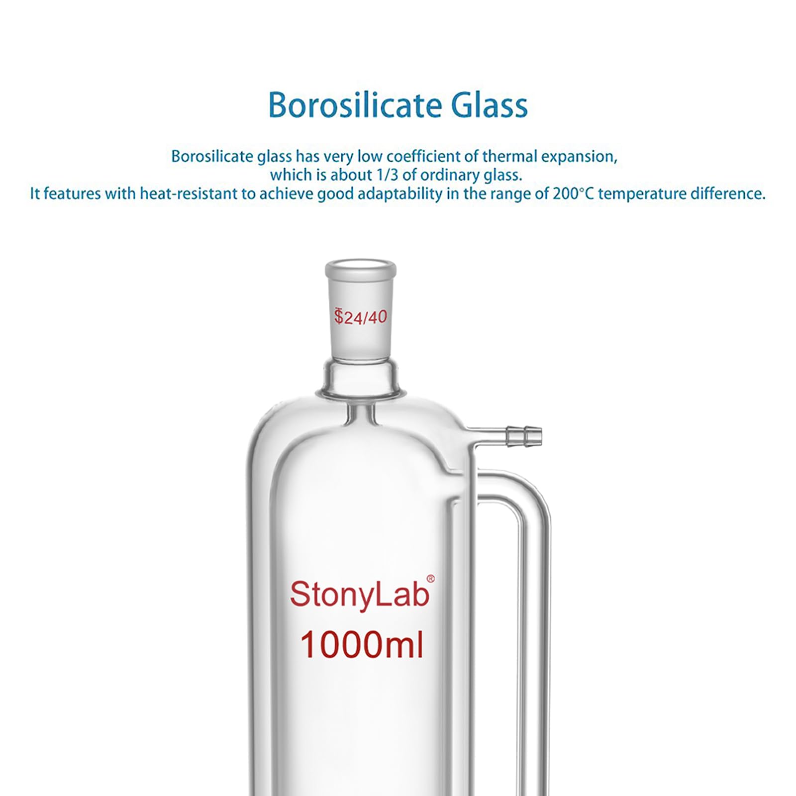 stonylab Embudo de Adición con Doble Camisa e Igualación de Presión, 1000 ml Vidrio de Borosilicato Embudo de Goteo con Unión 24/40 y Llave PTFE para Adición de Reactivos en Laboratorio