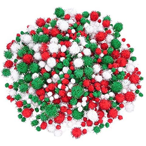 Livder Christmas Pom Poms Pompoms Red Green White Glitter Fluffy Balls, DIY Art Crafts Decorations Supplies (4 Sizes, 900 Pieces) Cover