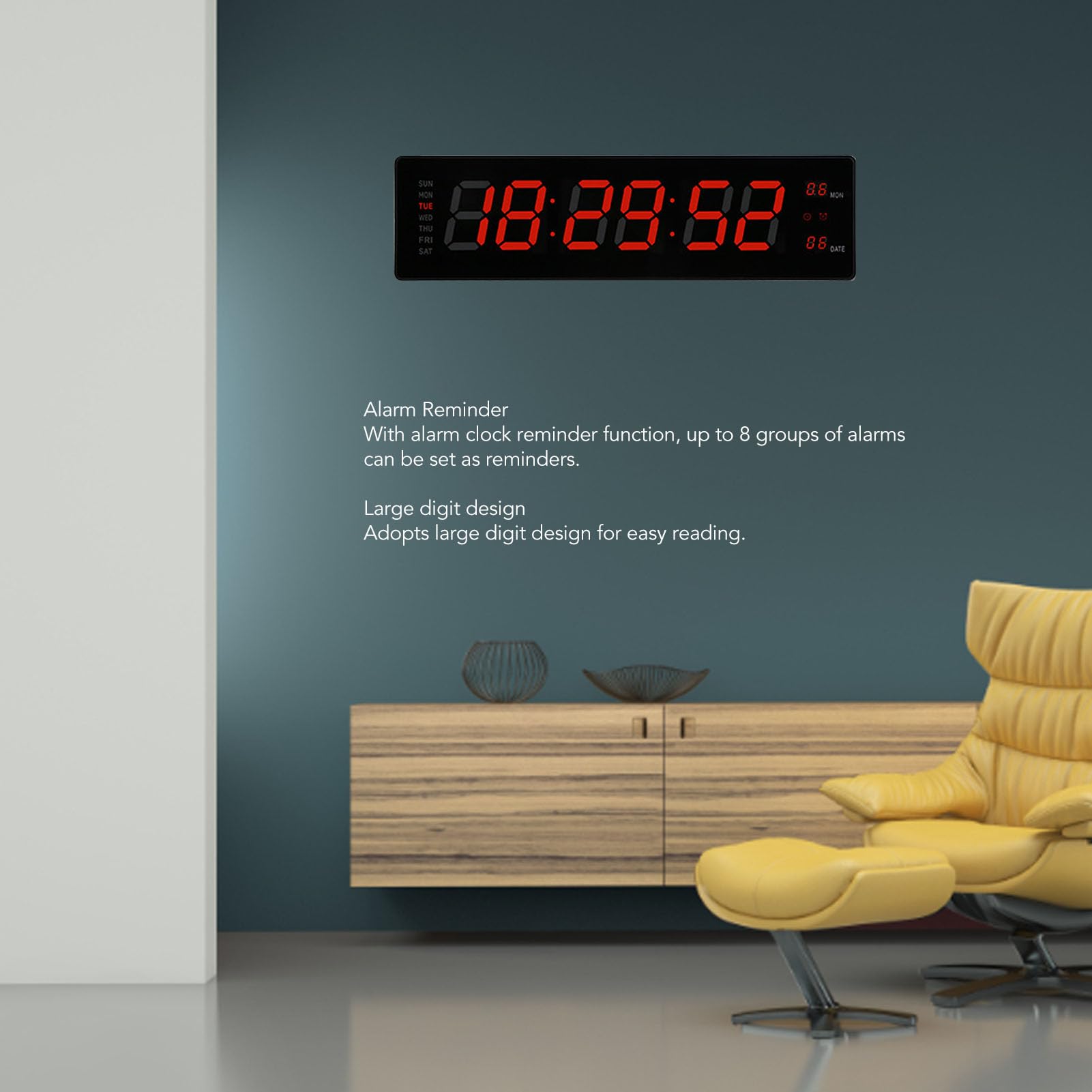 Topiky Reloj de Pared Digital Grande, Despertador con Temperatura de Día y Fecha, Reloj Digital con 8 Alarmas y Memoria de Fallos, para Salón, Dormitorio, Decoración, Regalo para (EU)