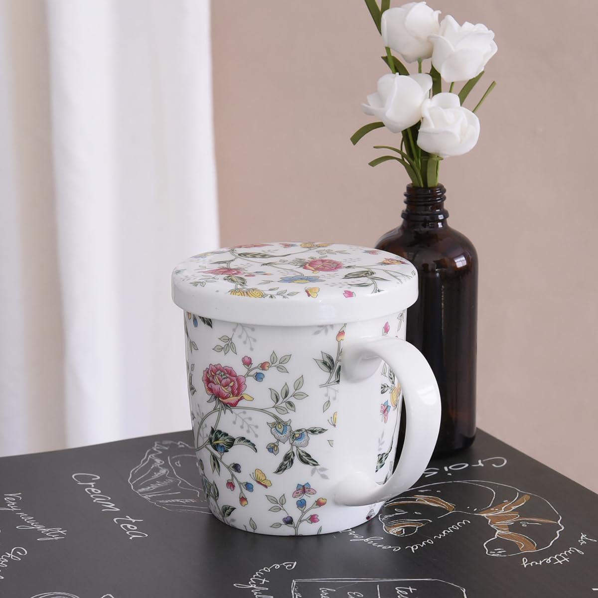 Sizikato Porcelain Mug with Lid, 10oz Bone China Milk Mug Coffee Mug, Colorful Floral Pattern - Image 7