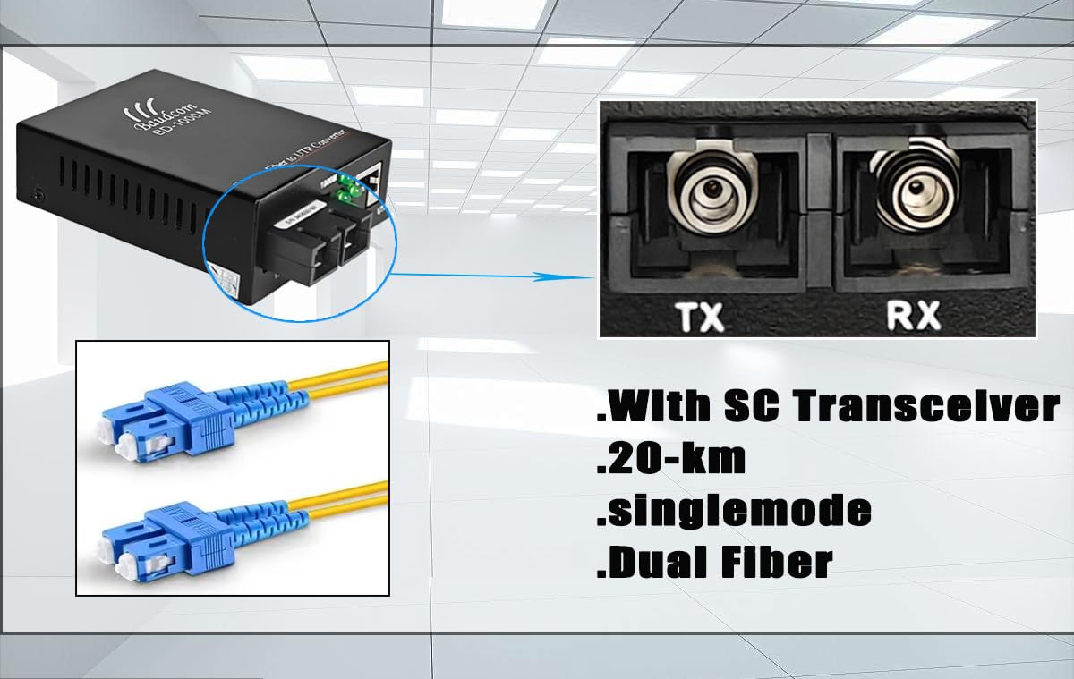 Convertidor de medios a Fibra Gigabit Ethernet 10/100/1000M, transceptores SC monomodo integrados, RJ45 a 1000Base-LX (Dual Fiber, 20KM)
