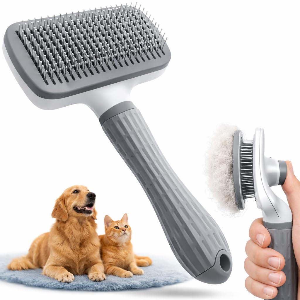 Premium Pet Hair Remover Brush | Self-Cleaning Short Hair Brush for Cats and Dog with Ergonomic Handle and Stainless Steel Tines