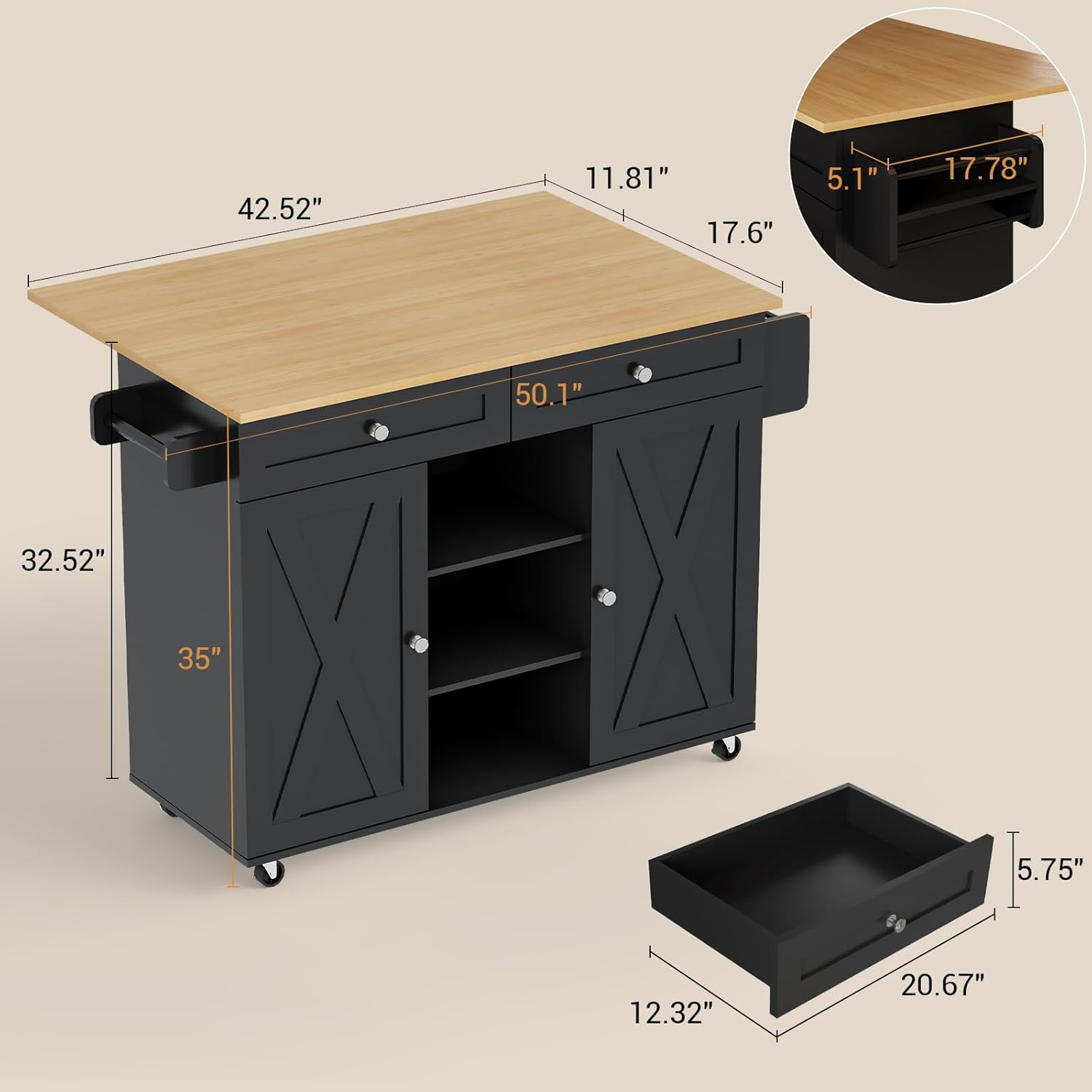 50" Kitchen Island On Wheels, Rolling Kitchen Island Cart with Drop Leaf and 2 Drawers, Barn Door Kitchen Islands with Storage Cabinet and Tower Bar, Island Table for Kitchen (Black)