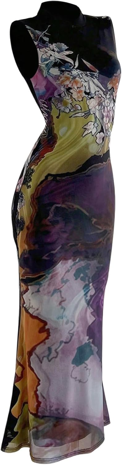 GORGLITTER Women's Cheongsam Dress Mesh Floral Dresses Mandarin Collared Qipao Sleeveless Prom Party Wedding Guest Dresses