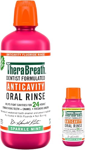 TheraBreath Enjuague bucal anticaries con flúor, menta brillante, formulado por dentistas, 1 litro (33.8 fl oz) + tamaño de viaje, 3 onzas líquidas