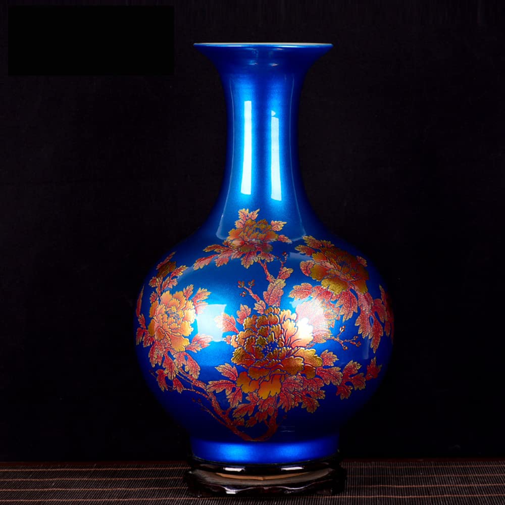 asdchZen Jingdezhen Ceramic Vase With Base Crystal Glaze Peony Flower Arrangement New Chinese Home Decoration Living Room Handicraft Collection