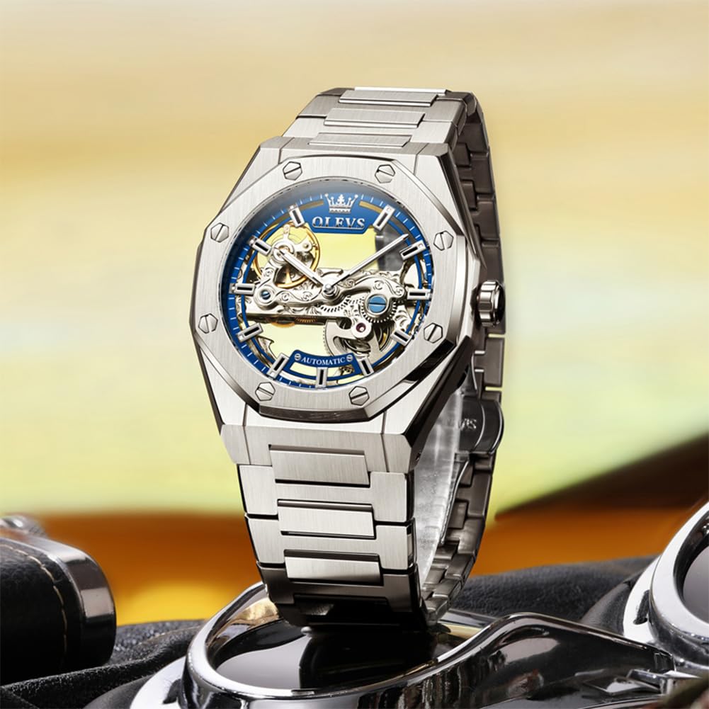 OLEVS Montre squelette automatique pour hommes montres mécaniques de luxe | Montre-bracelet à remontage automatique, sans pile, acier inoxydable, étanche 3TM, montre de sport, 42 mm