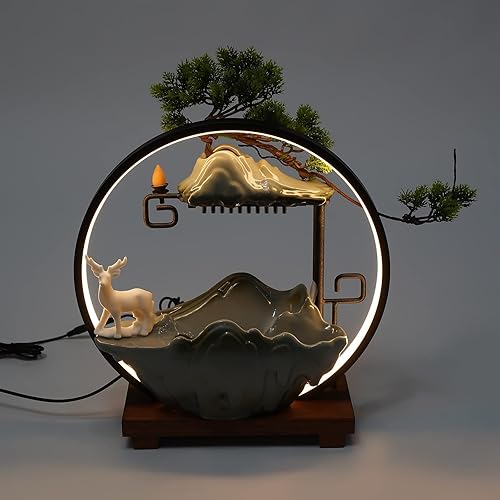 Fuente de mesa con luz LED y atomizador, cascada, meditación zen, escritorio, rocalla, fuente de agua, bonsái, decoración del hogar para regalos de