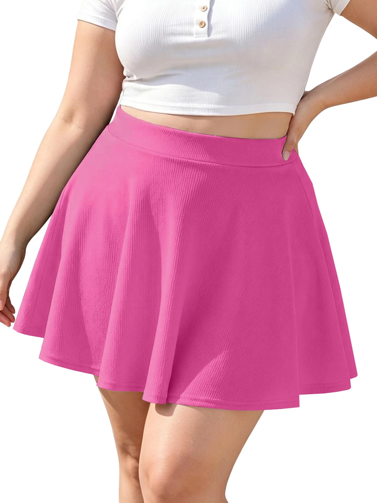 Moon Wood Women's Ladies Mini Skater Skirt - Plus Size Elasticated Waisted Flared Casual Pleated Skirts Rose Pink XXL