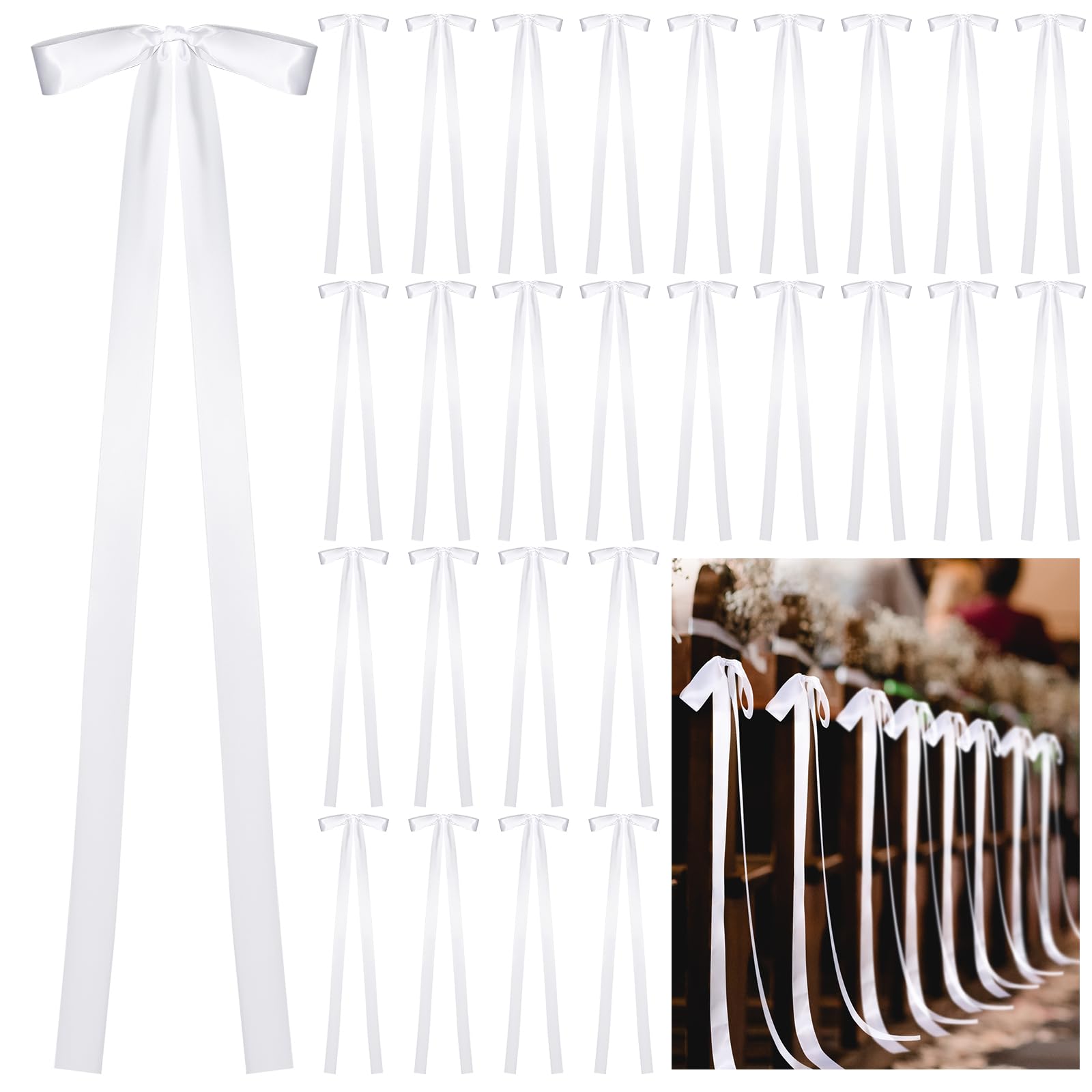 Wavwavw 24 Pcs Large Wedding Ribbon Bows with Long Tails 10 x 36 Inch Wedding Aisle Decor Ribbon Bows On Chairs Background Decor for Bridal Shower