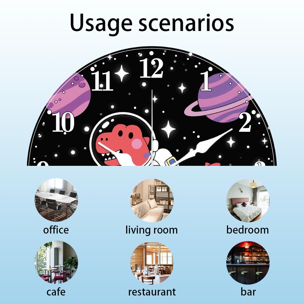 CHGCRAFT Dinosaur Astronaut Pattern Wall Clock Planet Non-Ticking Clock 12 Inch Round Decorative Clocks Printed Wall Clocks for Home Office Decoration - Image 3