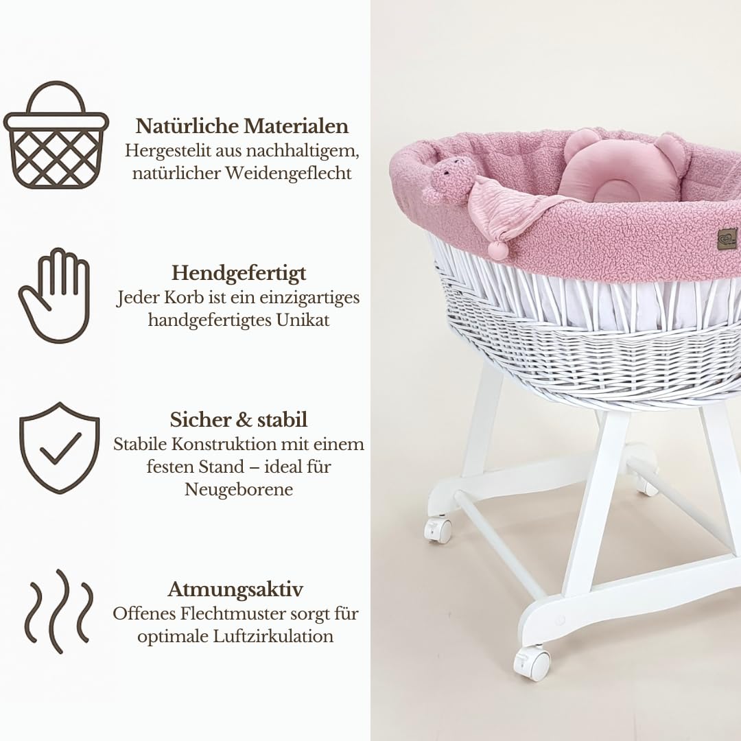 Amelia łóżeczko dziecięce – ręcznie tkany Mojżesz z materacem i materacem – 5-częściowy zestaw pościeli Teddy w kolorze różowym – przenośny wózek na kółkach – idealny dla noworodków