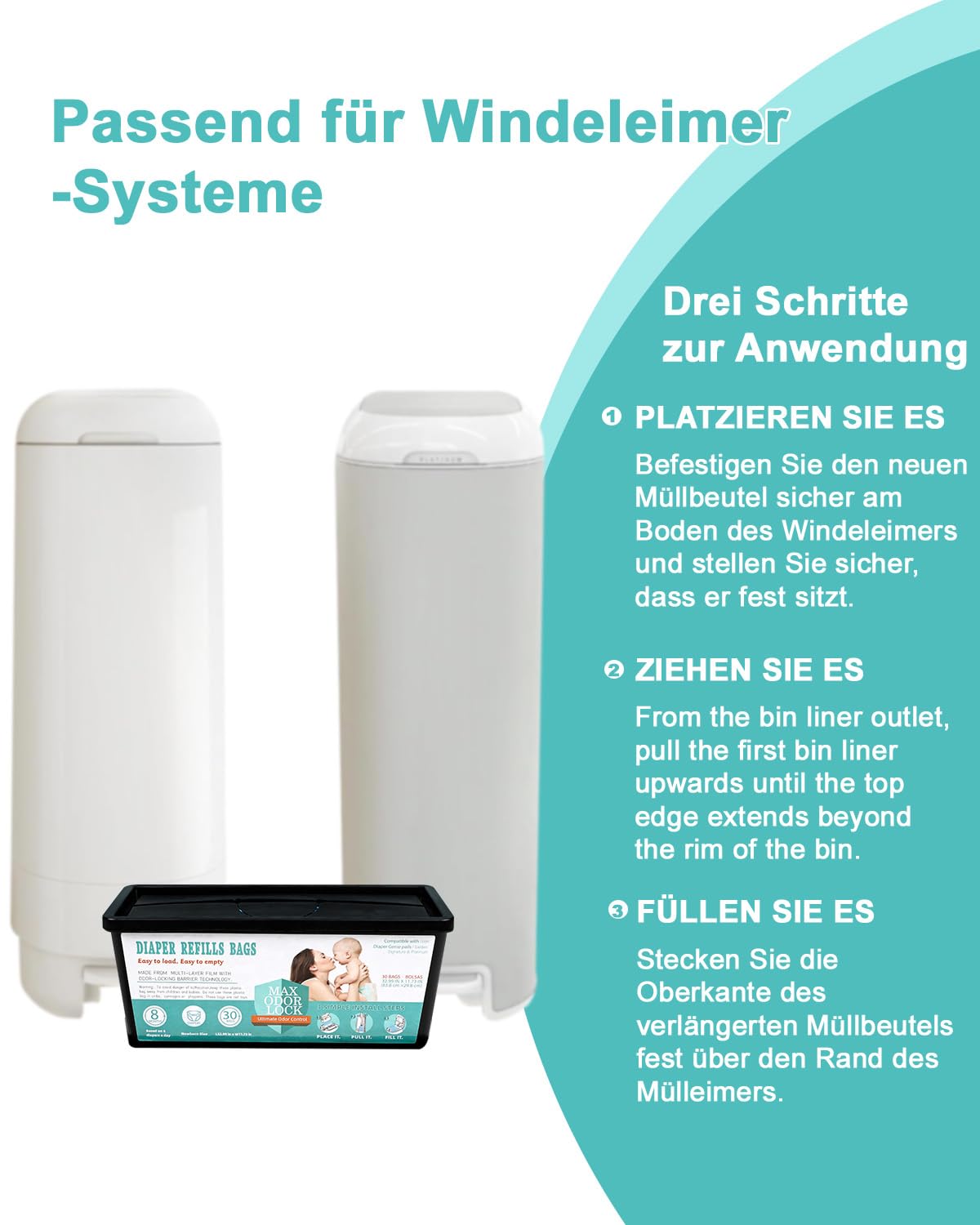 Nachfüllbeutel für Windeleimer, Geruchsneutrale Windelbeutel, Windelbeutel-Nachfüllpackungen 2er Pack (30 Beutel x 2)