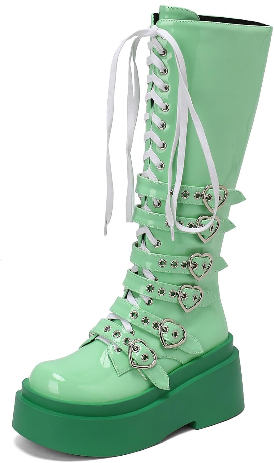 SACFOF Women's Knee High Goth Platform Boots Heart Buckle Chunky High Heel Lace Up Punk Combat Boots with Chain