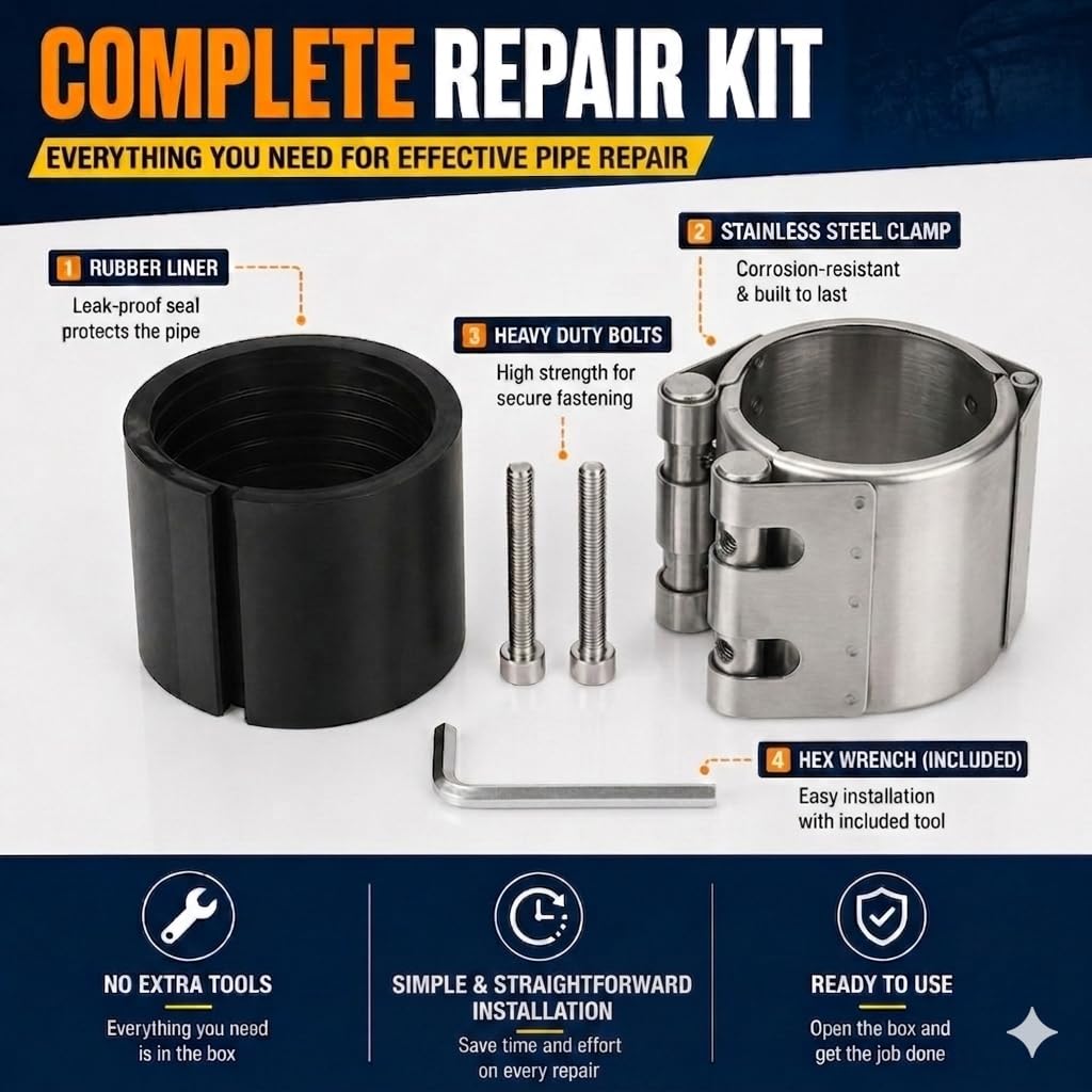 Abrazadera de acero inoxidable para reparación de tuberías, 5" (138-144 mm), sellador de fugas resistente, tuberías de metal y PVC, mantenimiento de emergencia de tuberías rotas o agrietadas.